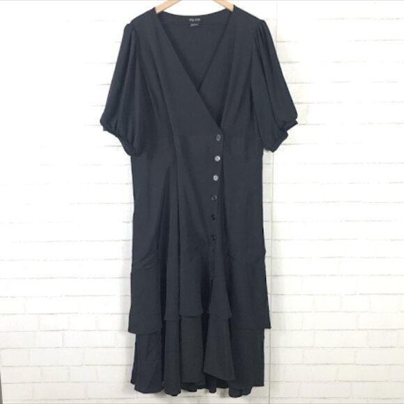 City Chic Black Dress Asymmetrical Button Tiered Ruffle V Neck Salas Wedding S - Picture 1 of 10